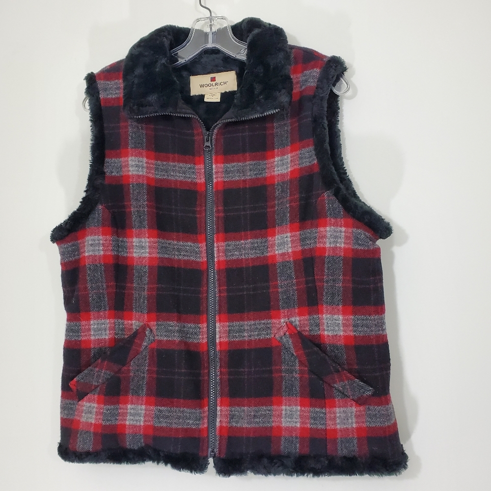 Woolrich Womans Plaid Partial Wool Faux Fur lined Vest, Size Medium